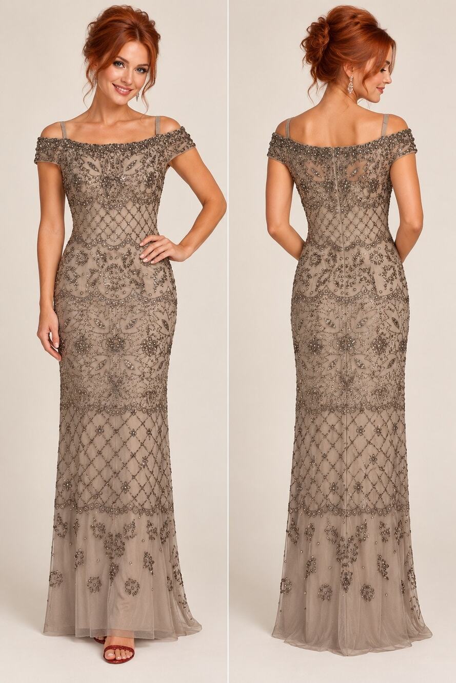 Adrianna Papell Taupe Beadeed Gown - Size 10